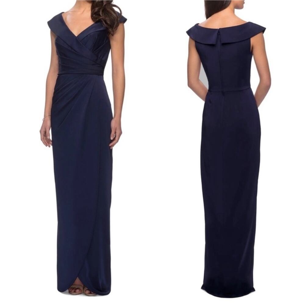 La Femme Navy V Neck Ruched Surplice Off the Shoulder Column 25206 Long Gown 14